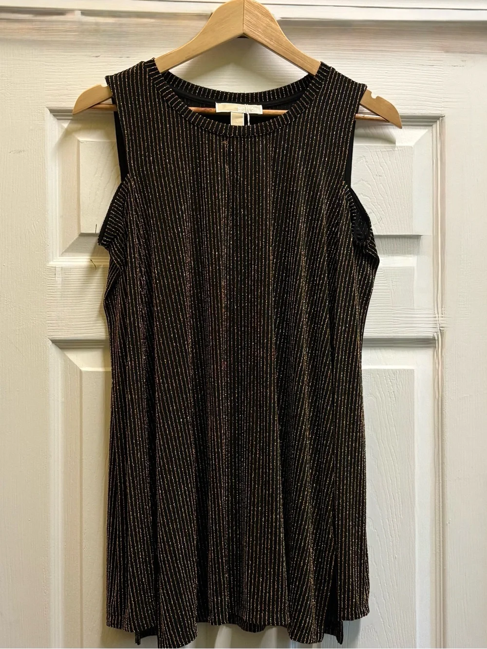 Michael Kors Black Sleeveless Cold-Shoulder Top with Gold Pinstripes